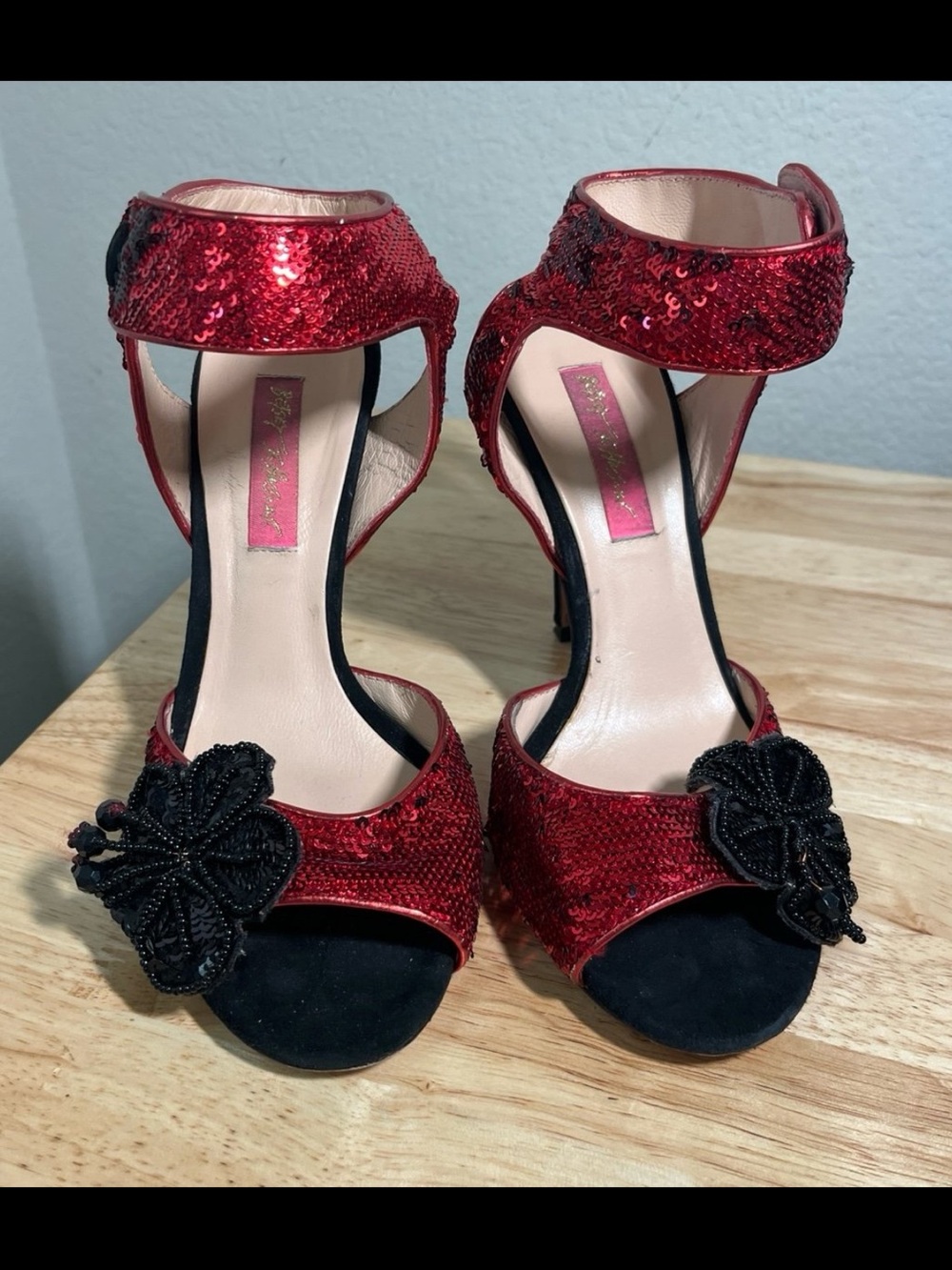Betsey Johnson Red Sequin Black Floral Ankle Strap High Heel Sandals Y2K